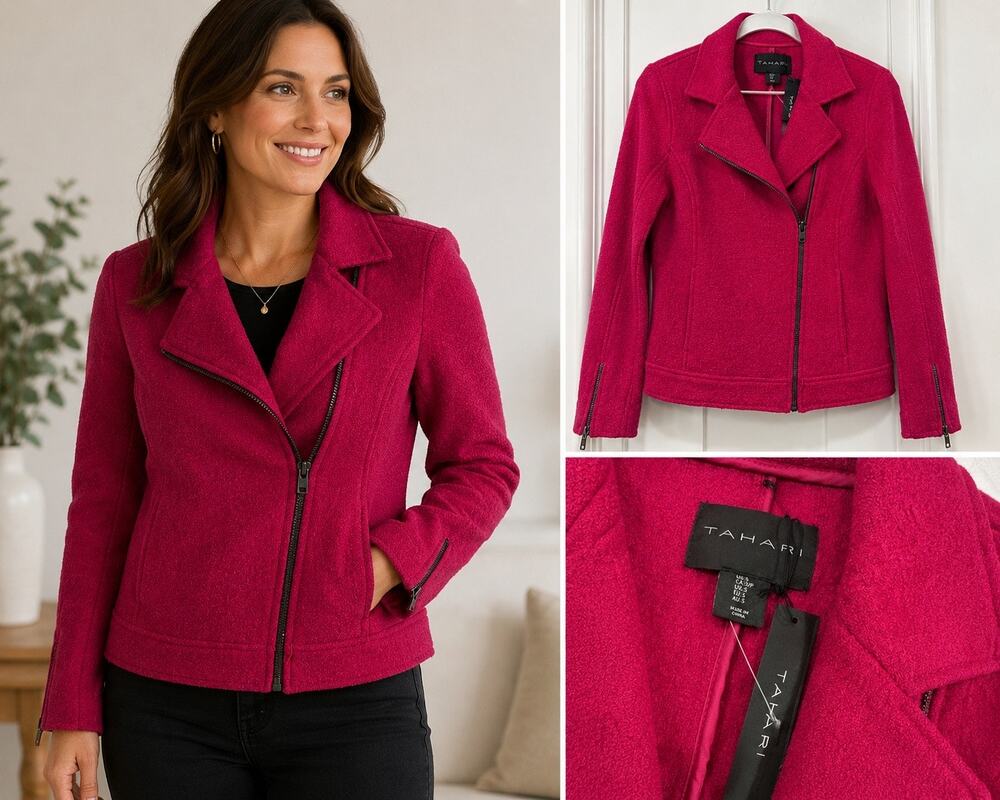 Tahari Women’s S Pink / Fushia Wool Blend Moto Jacket Asymmetrical Zip NWT